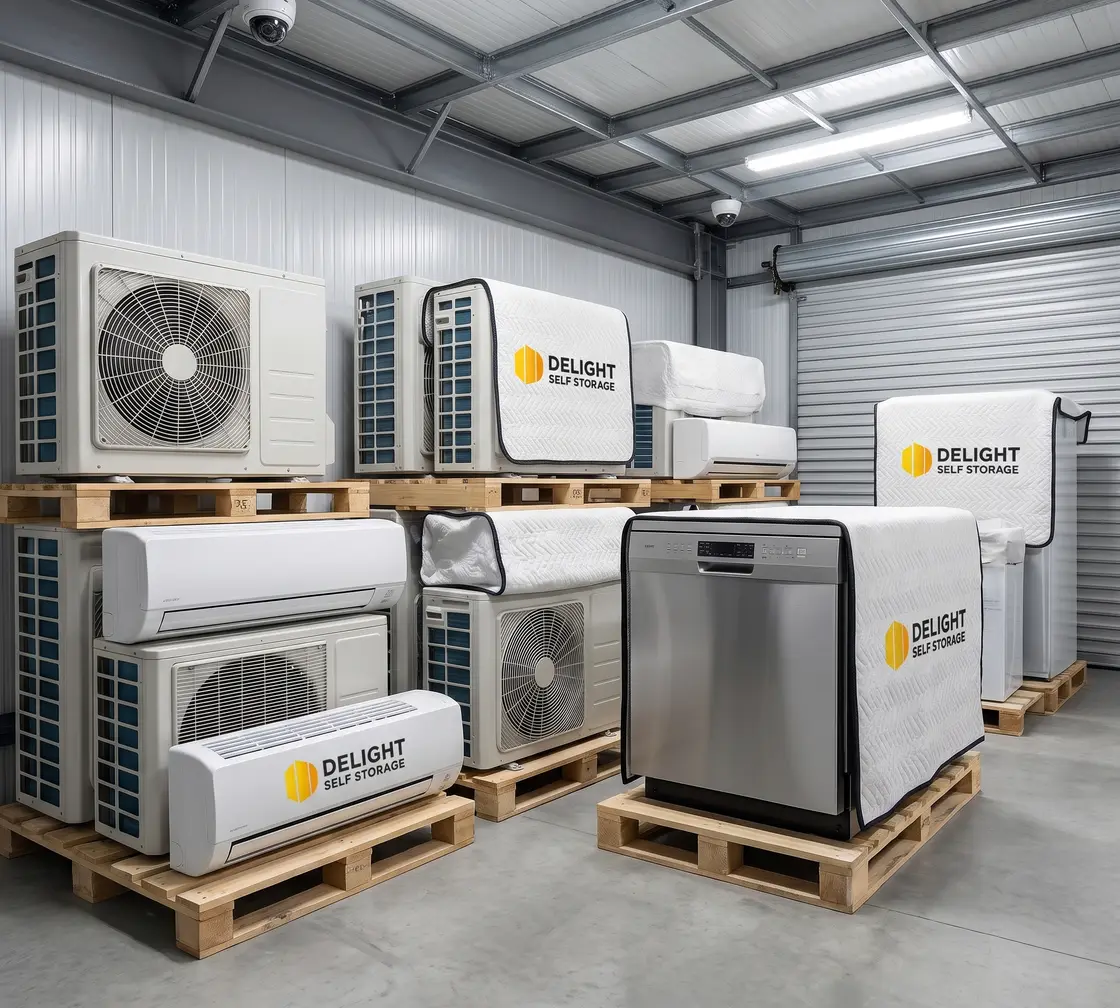 Home appliances wrapped and stored on pallets at Delight Self Storage in Dubai