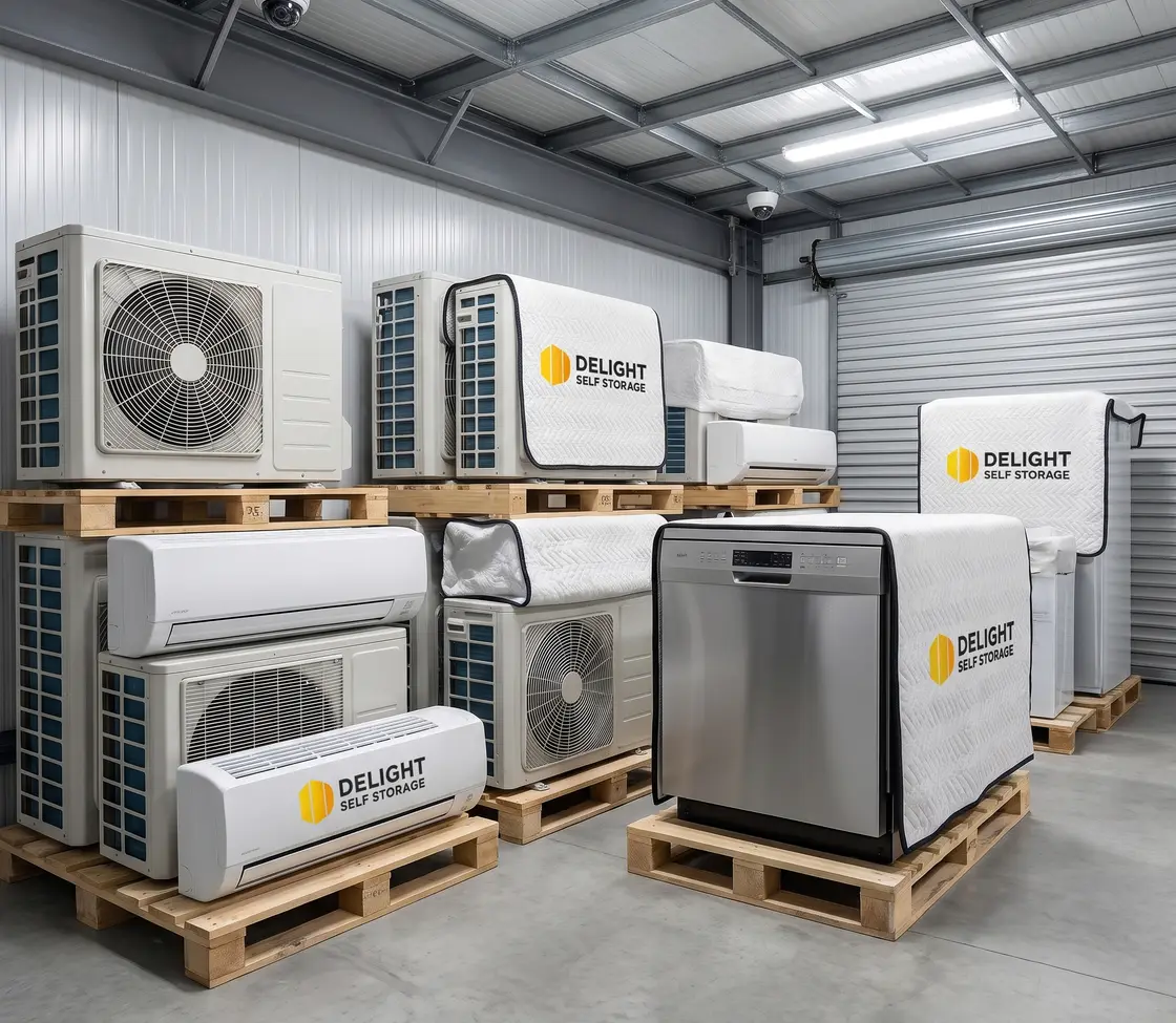 Fridges and washing machines in protective covers inside a Delight Self Storage unit in Dubai