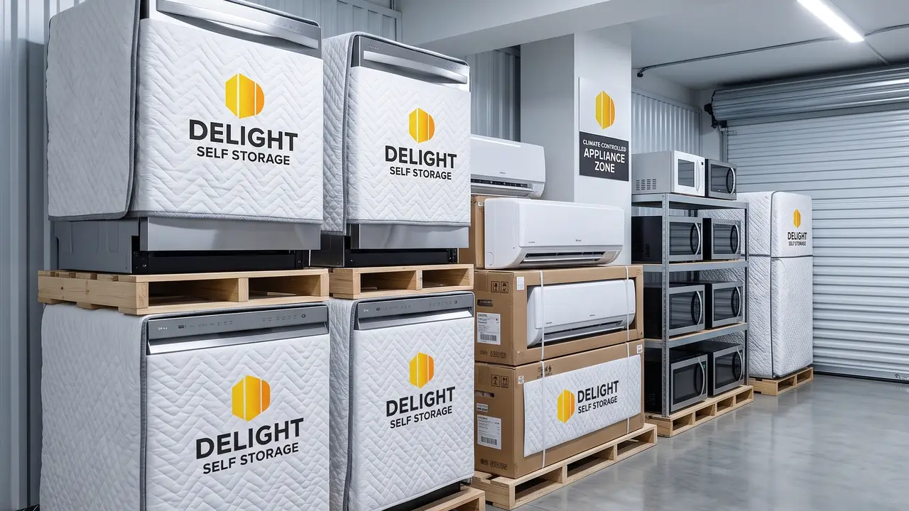 Fridges and washing machines in protective covers inside a Delight Self Storage unit in Dubai
