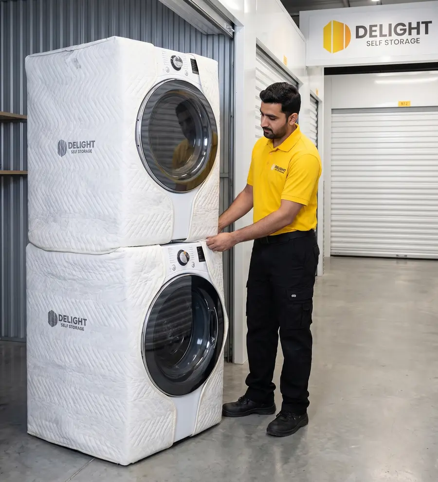 Delight Self Storage staff member securing a stored appliance in Dubai