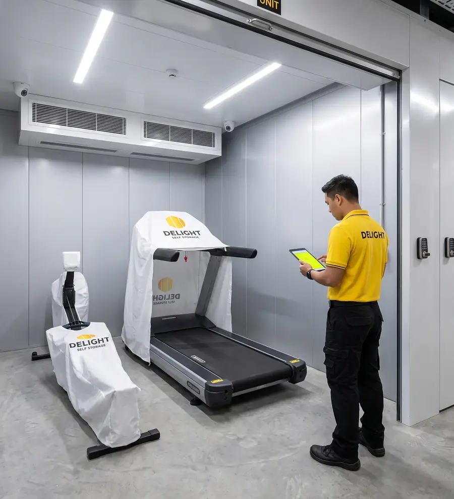 Delight Self Storage staff member securing a stored appliance in Dubai
