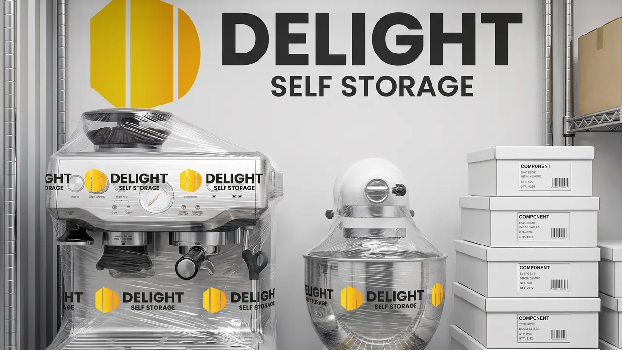 Home appliances wrapped and stacked on pallets at the Delight Self Storage facility in Abu Dhabi