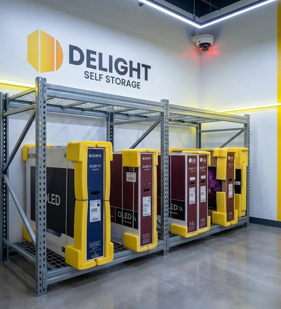 Fridges and washing machines in protective covers inside a Delight Self Storage unit in Abu Dhabi