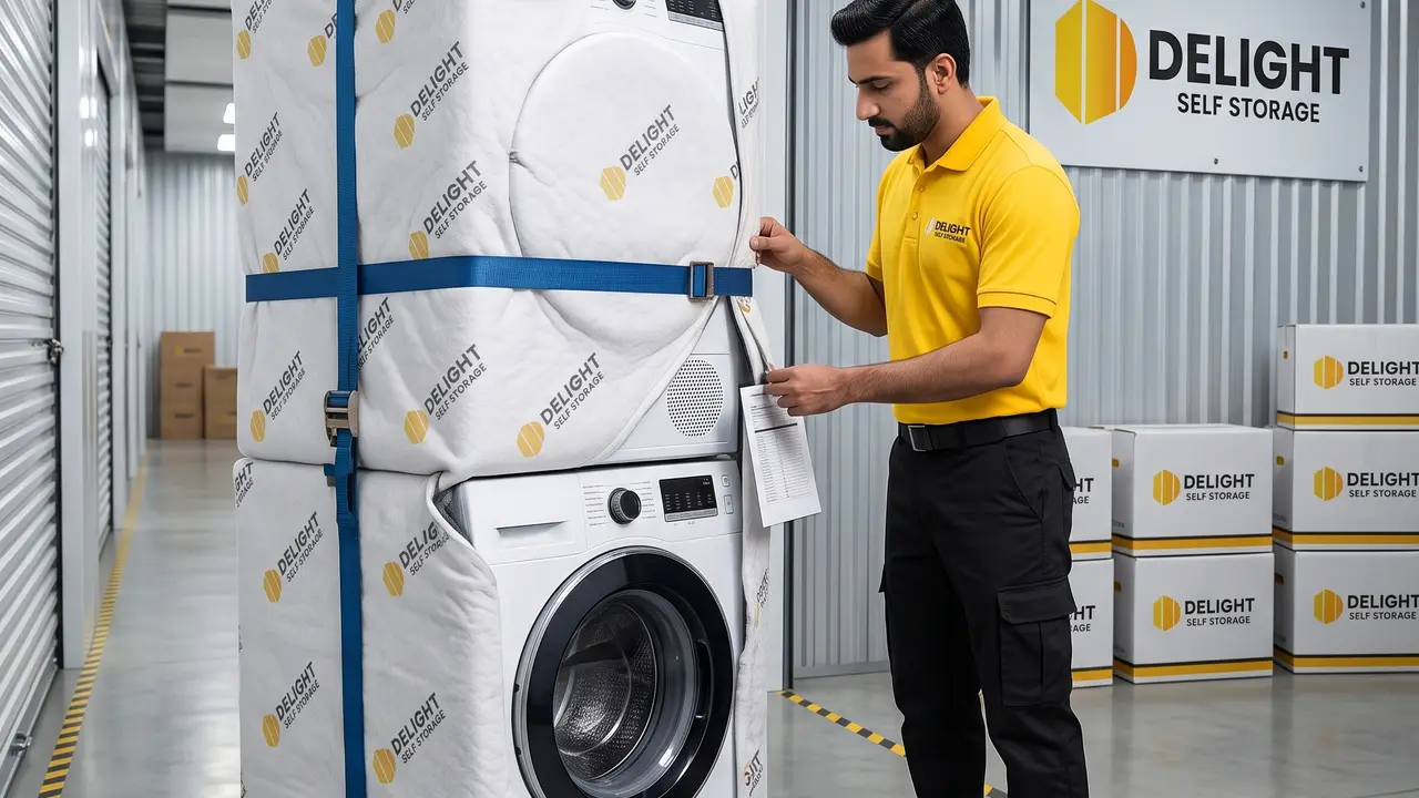 Fridges and washing machines in protective covers inside a Delight Self Storage unit in Dubai