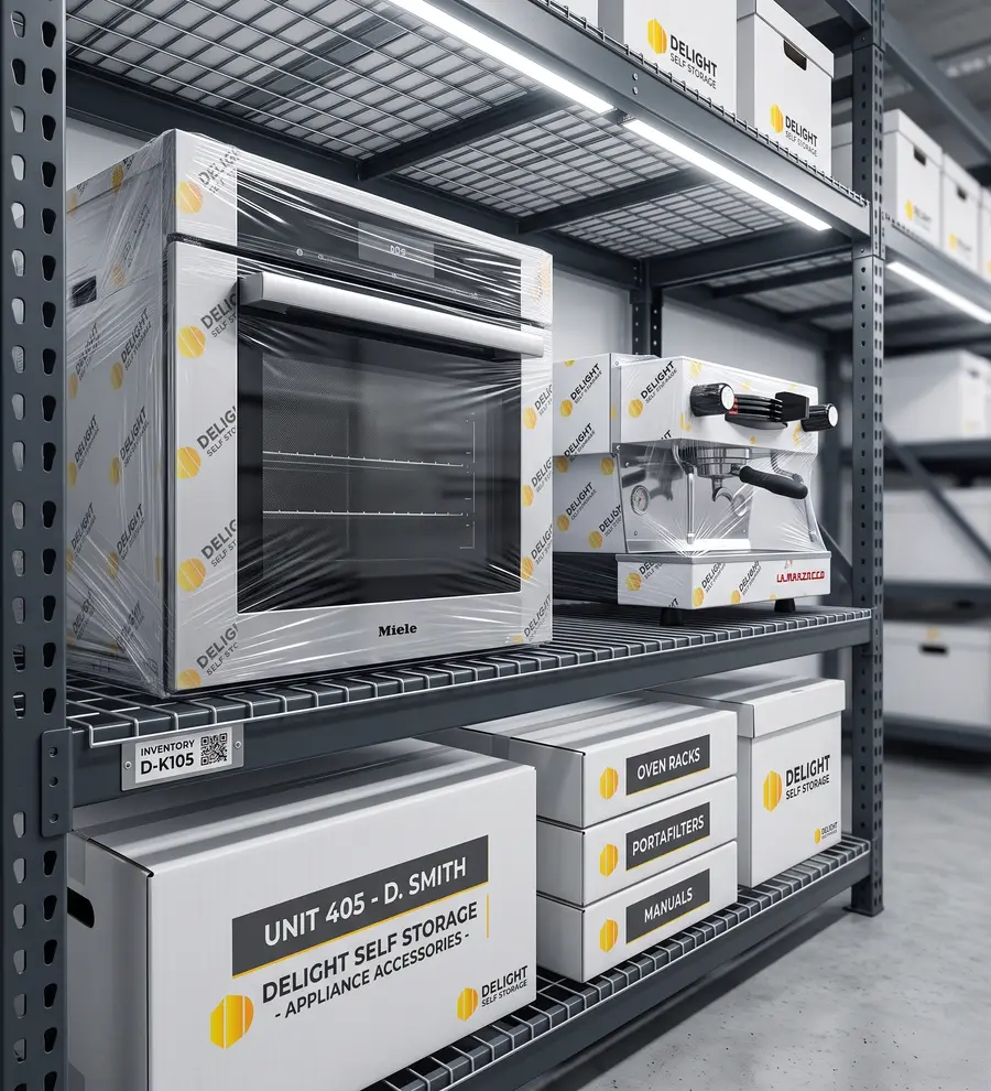 Home appliances wrapped and stacked on pallets at the Delight Self Storage facility in Ajman
