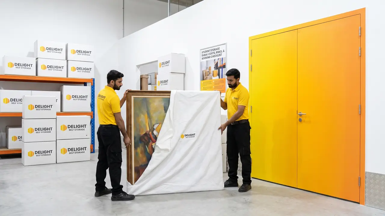 Framed artwork being wrapped for protected storage at Delight Self Storage in Abu Dhabi