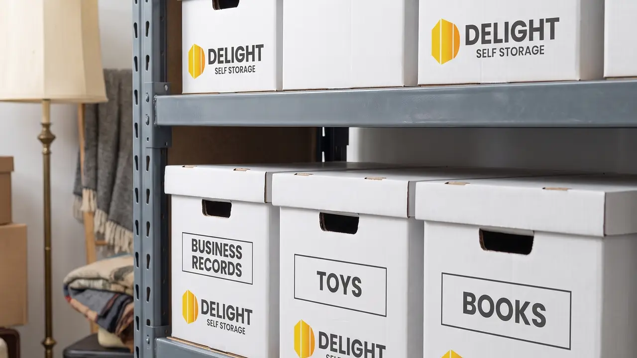 Aisle of stacked storage boxes at the Delight Self Storage facility in Dubai