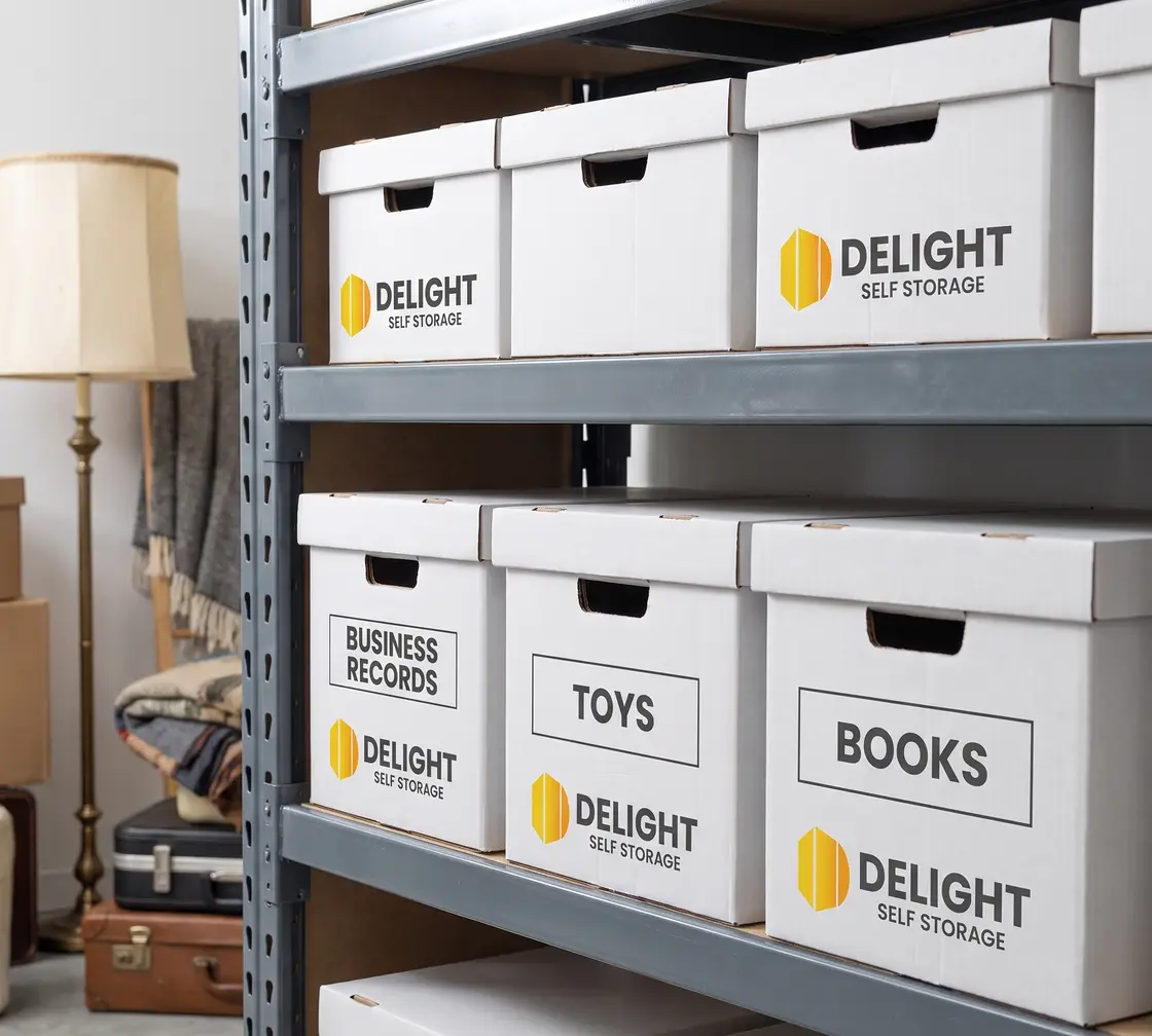 Labelled archive boxes on steel shelving at Delight Self Storage in Dubai