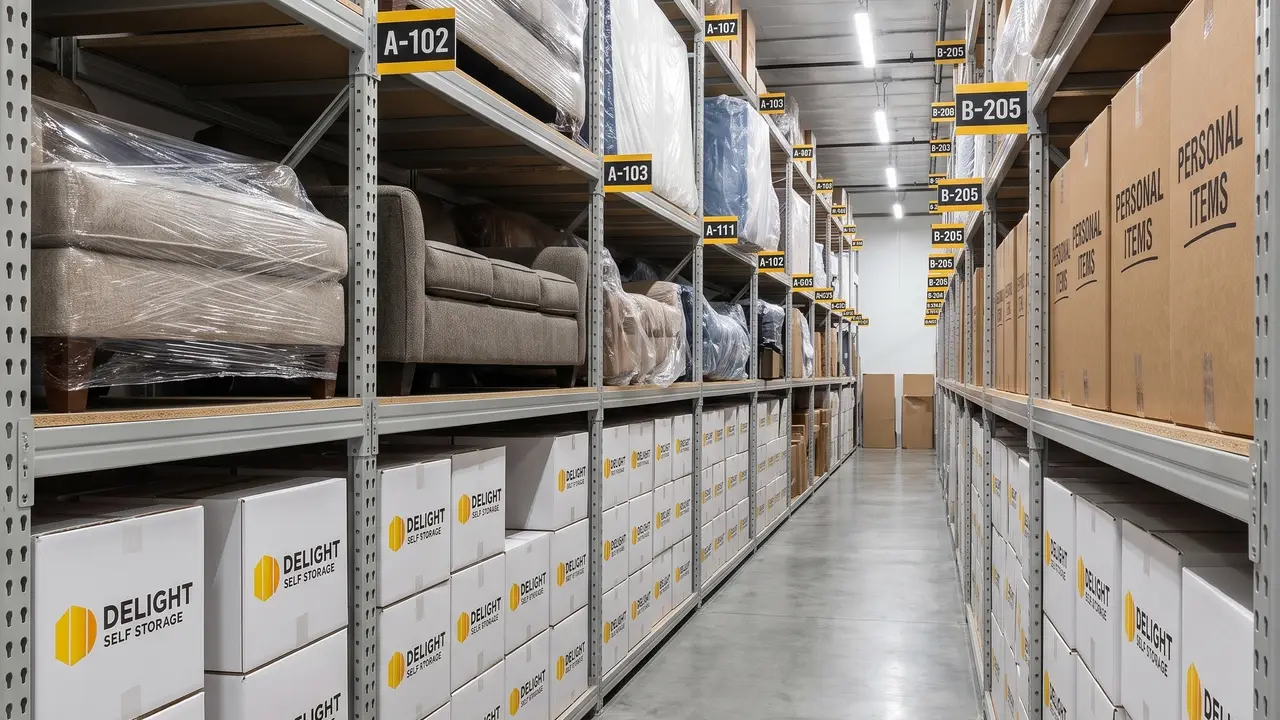 Household and business boxes organised on racking in Dubai
