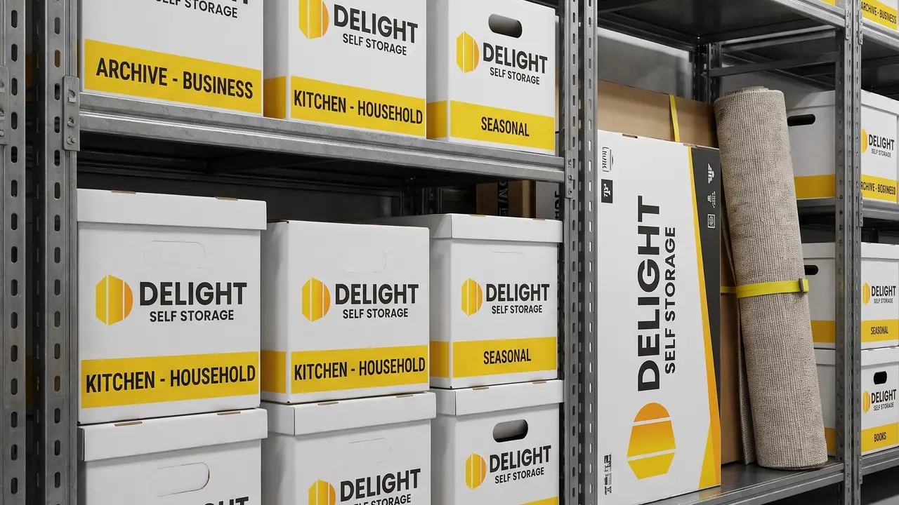 Labelled archive boxes on steel shelving inside a Delight Self Storage unit in Dubai