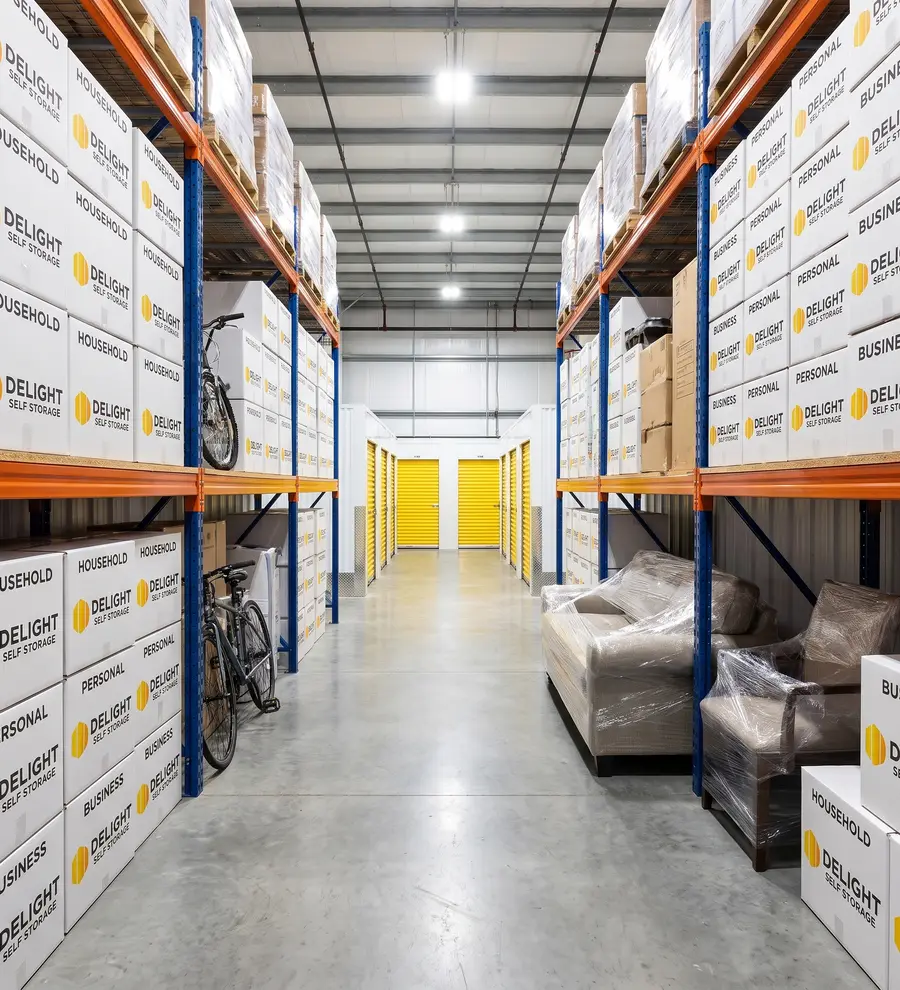 Aisle of stacked storage boxes at the Delight Self Storage facility in Dubai