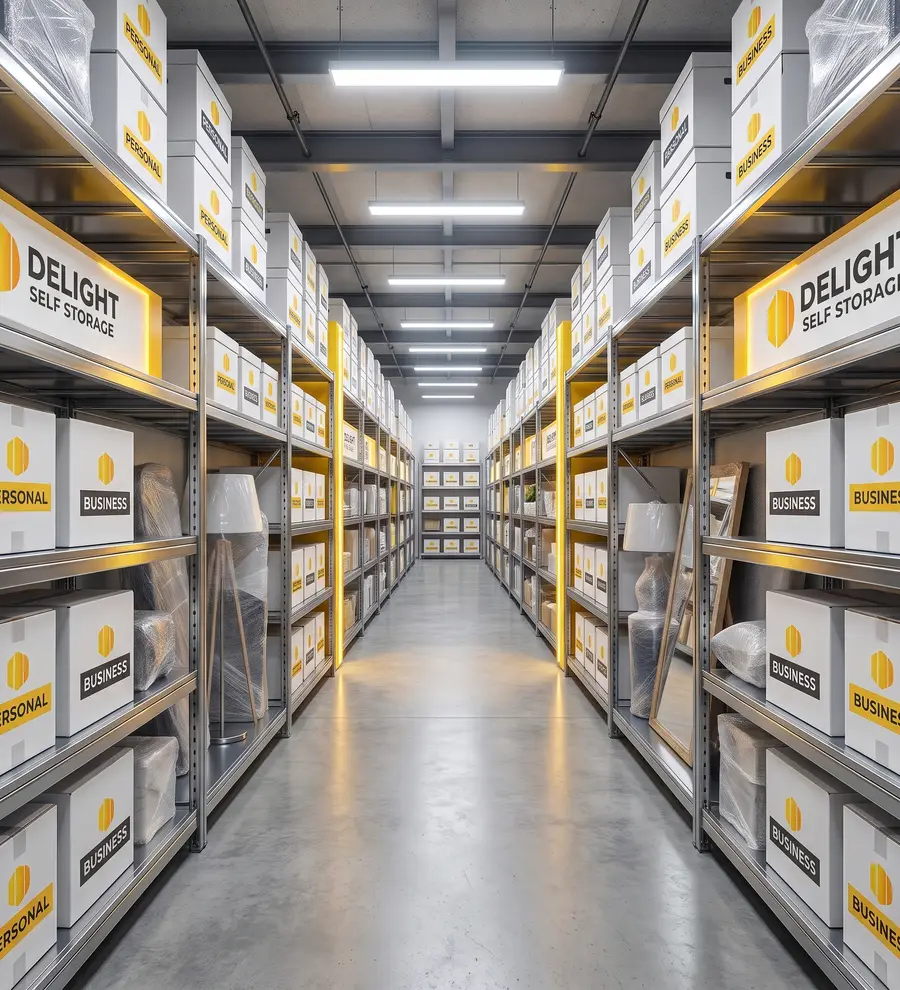 Aisle of stacked storage boxes at the Delight Self Storage facility in Dubai
