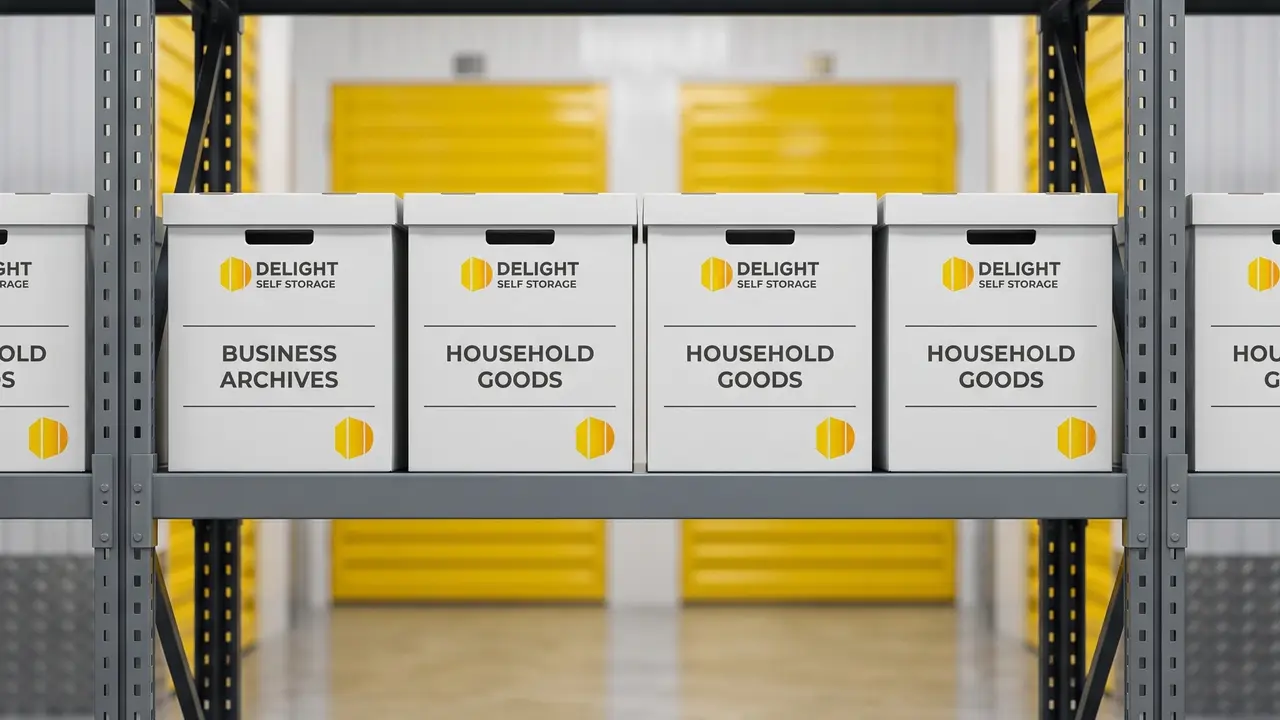 Household and business boxes organised on racking in Ras Al Khaimah