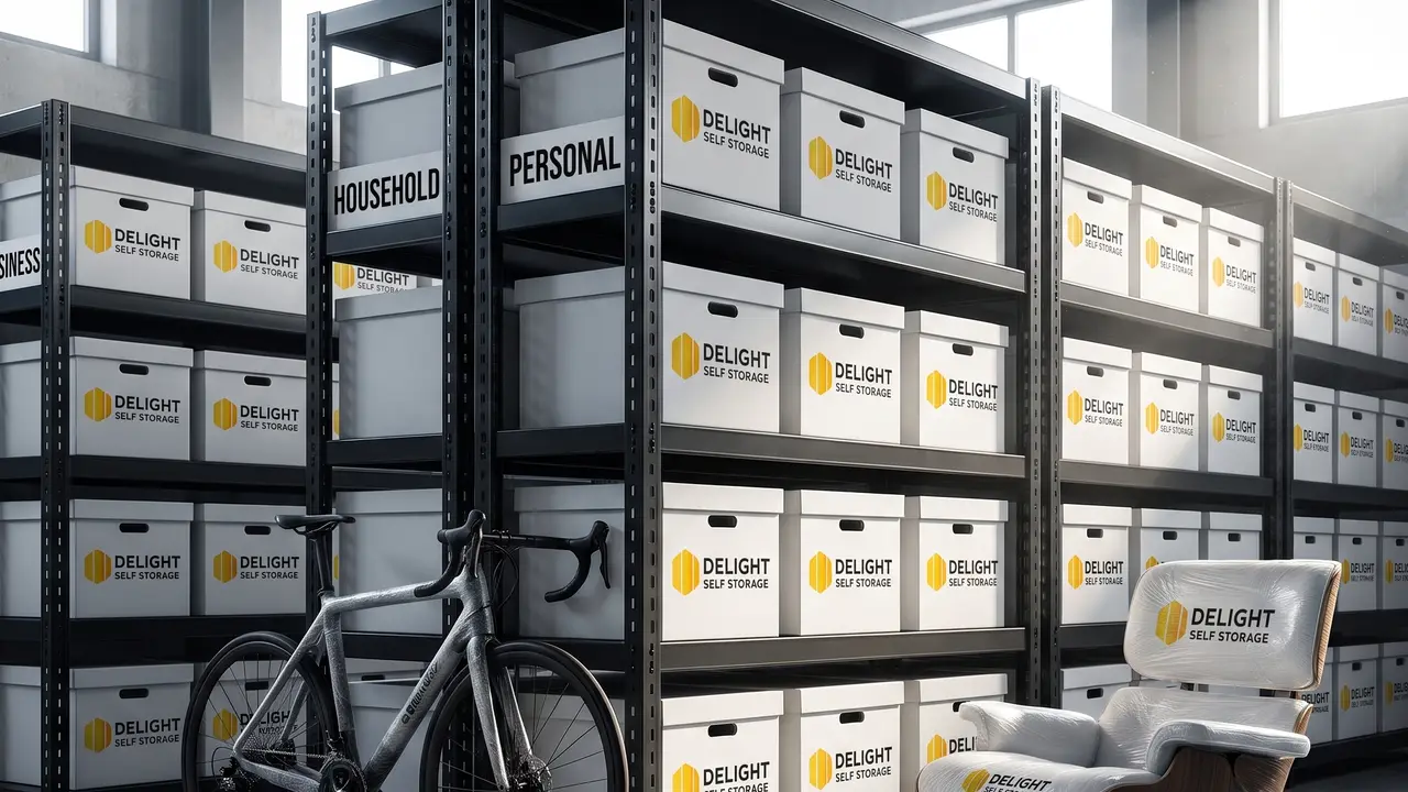 Labelled archive boxes on steel shelving inside a Delight Self Storage unit in Ajman