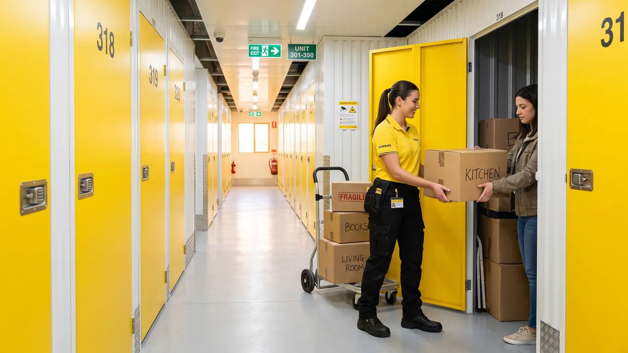 Delight Self Storage staff member wheeling customer boxes into a personal storage unit in Dubai
