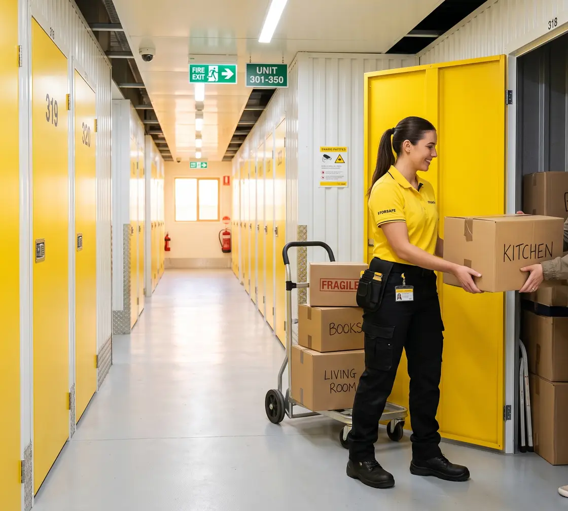 Delight Self Storage staff moving customer boxes into a personal storage unit in Dubai
