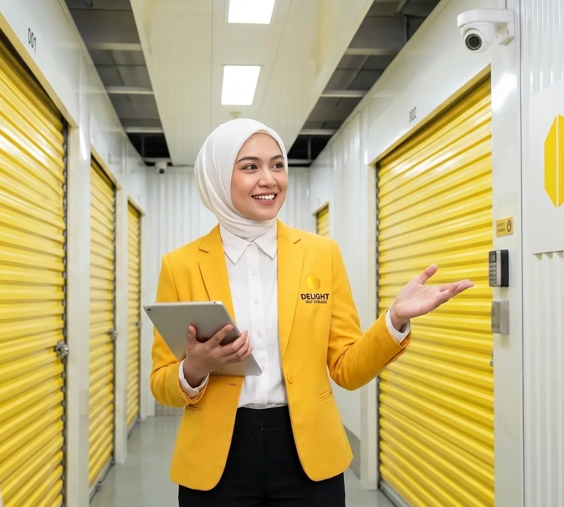 Delight Self Storage adviser beside climate-controlled units in Dubai