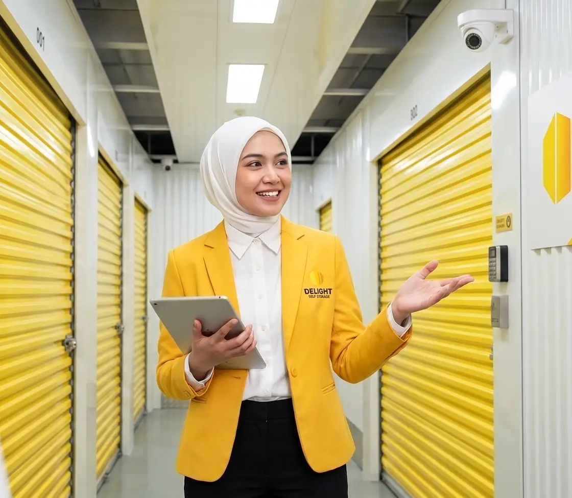 Storage corridor with yellow unit doors at Delight Self Storage in Abu Dhabi