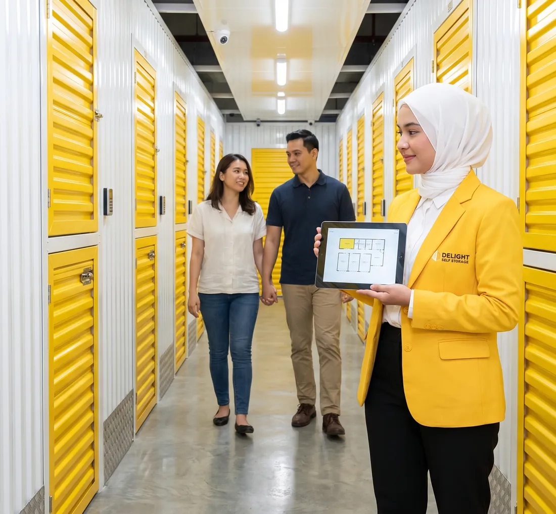 Customers reviewing flexible storage rental terms with a Delight Self Storage adviser