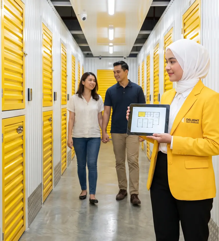 Customers reviewing flexible storage rental terms with a Delight Self Storage adviser in Dubai