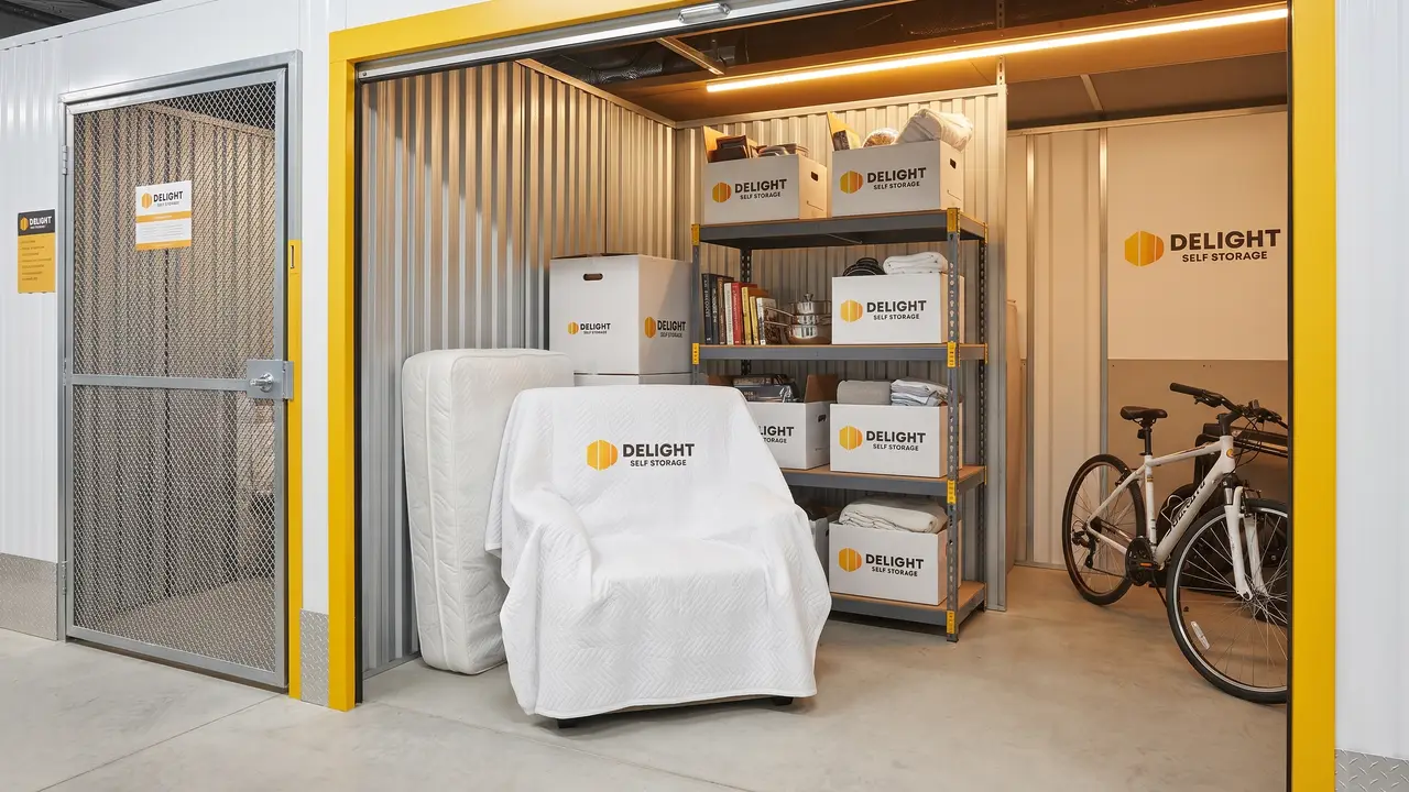 Mattresses and bed frames wrapped for storage at Delight Self Storage in Ajman