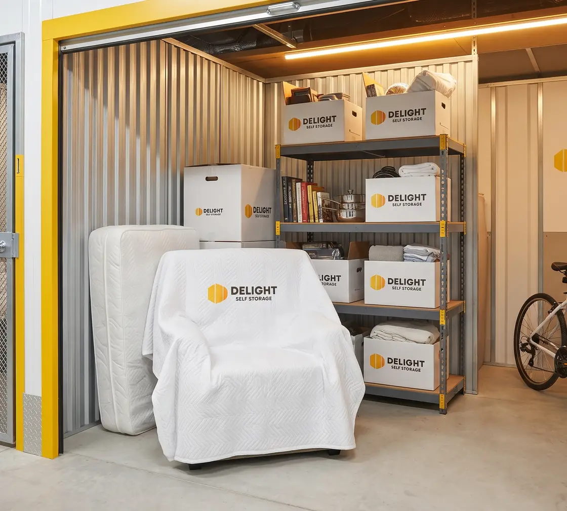 Furniture wrapped and stored inside a Delight Self Storage unit in Abu Dhabi