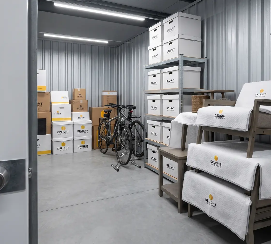 Household furniture and boxes in a Delight Self Storage unit in Sharjah
