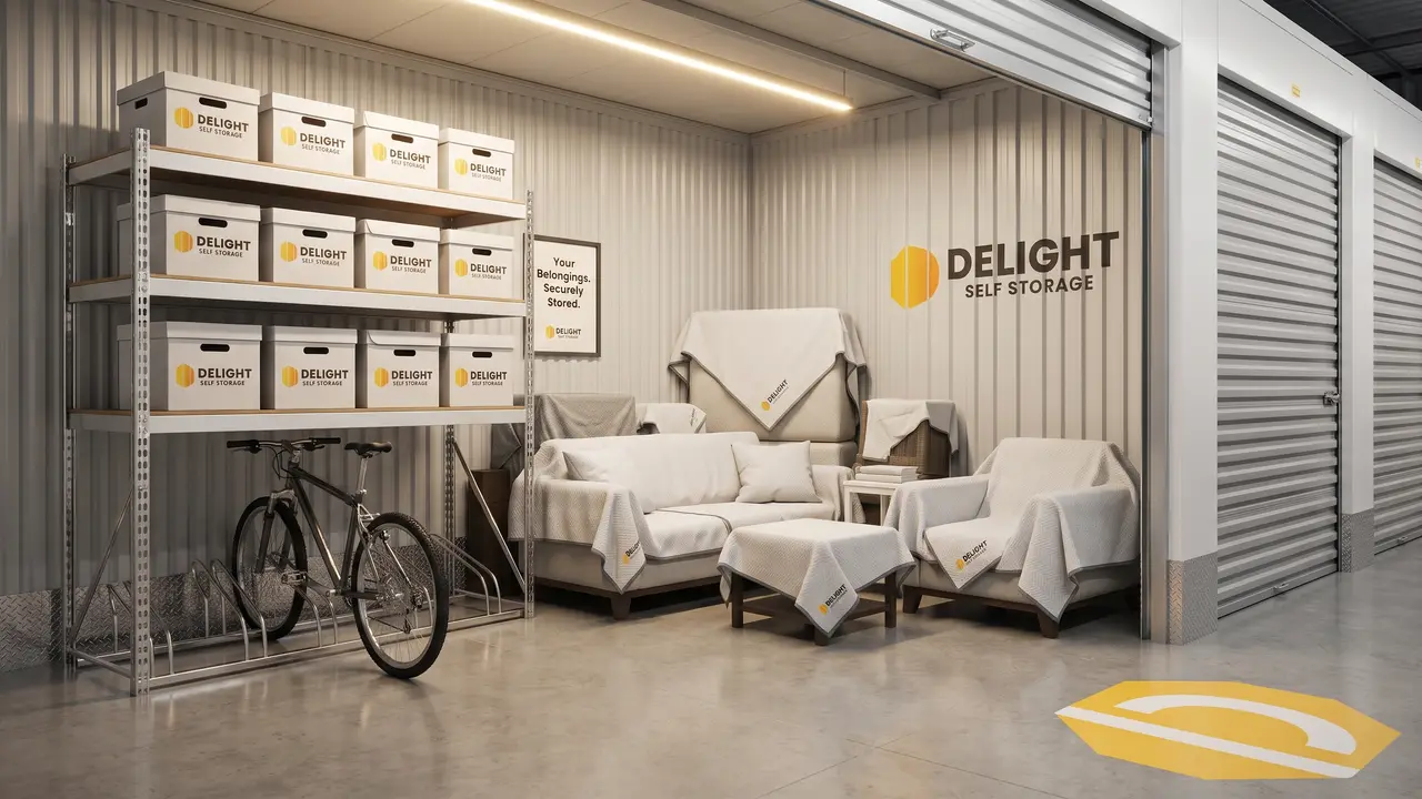 Furniture and boxes arranged inside a Delight Self Storage unit in Dubai