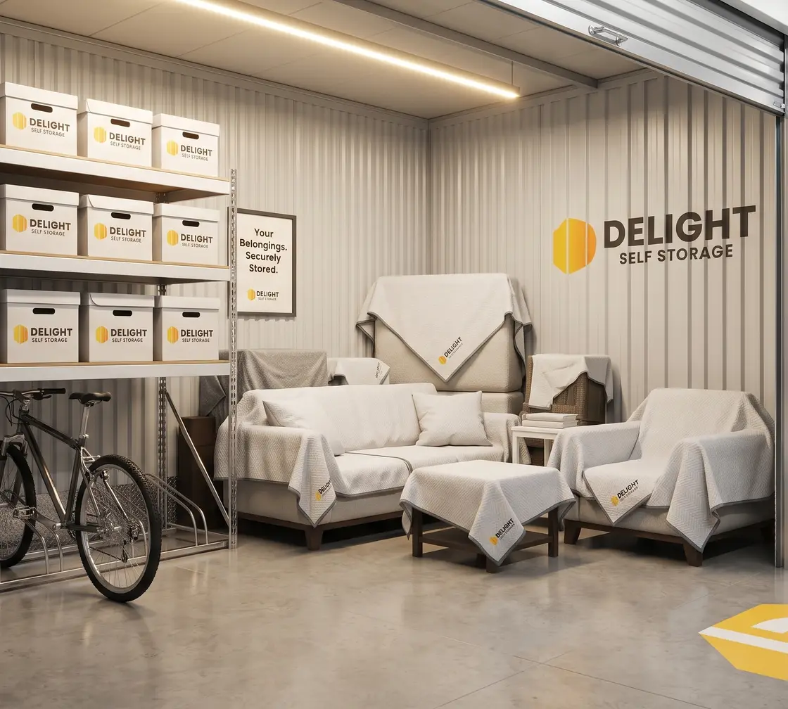 Covered furniture and shelving inside a Delight Self Storage unit in Ajman