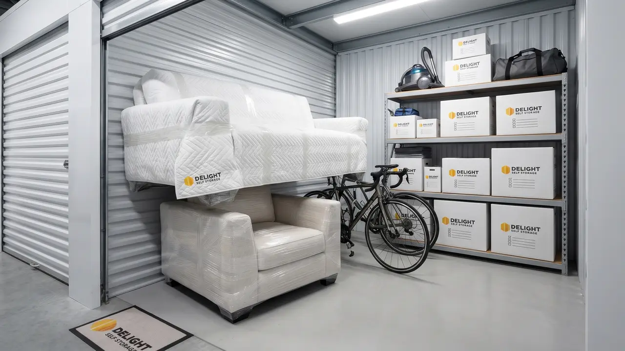 Mattresses and bed frames wrapped for storage at Delight Self Storage in Abu Dhabi