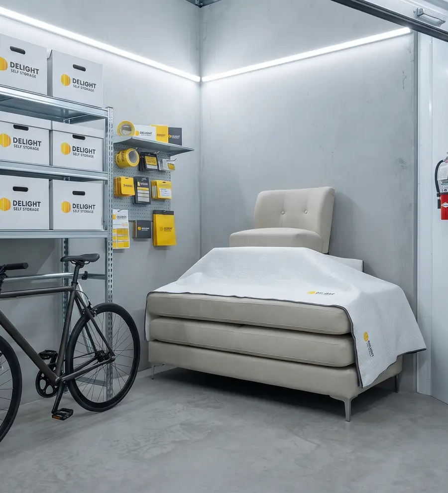 Furniture and boxes arranged inside a Delight Self Storage unit in Abu Dhabi