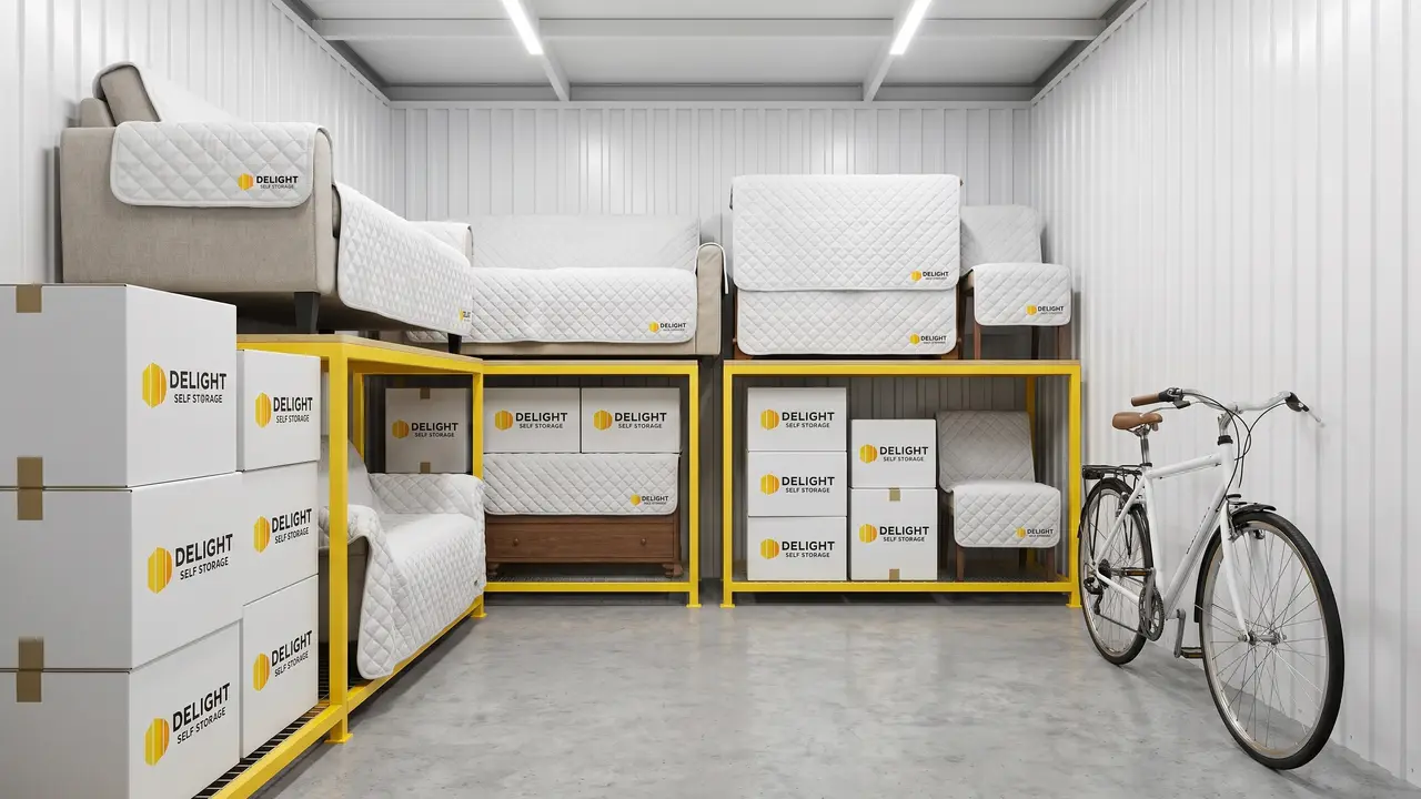Furniture and boxes arranged inside a Delight Self Storage unit in Ajman
