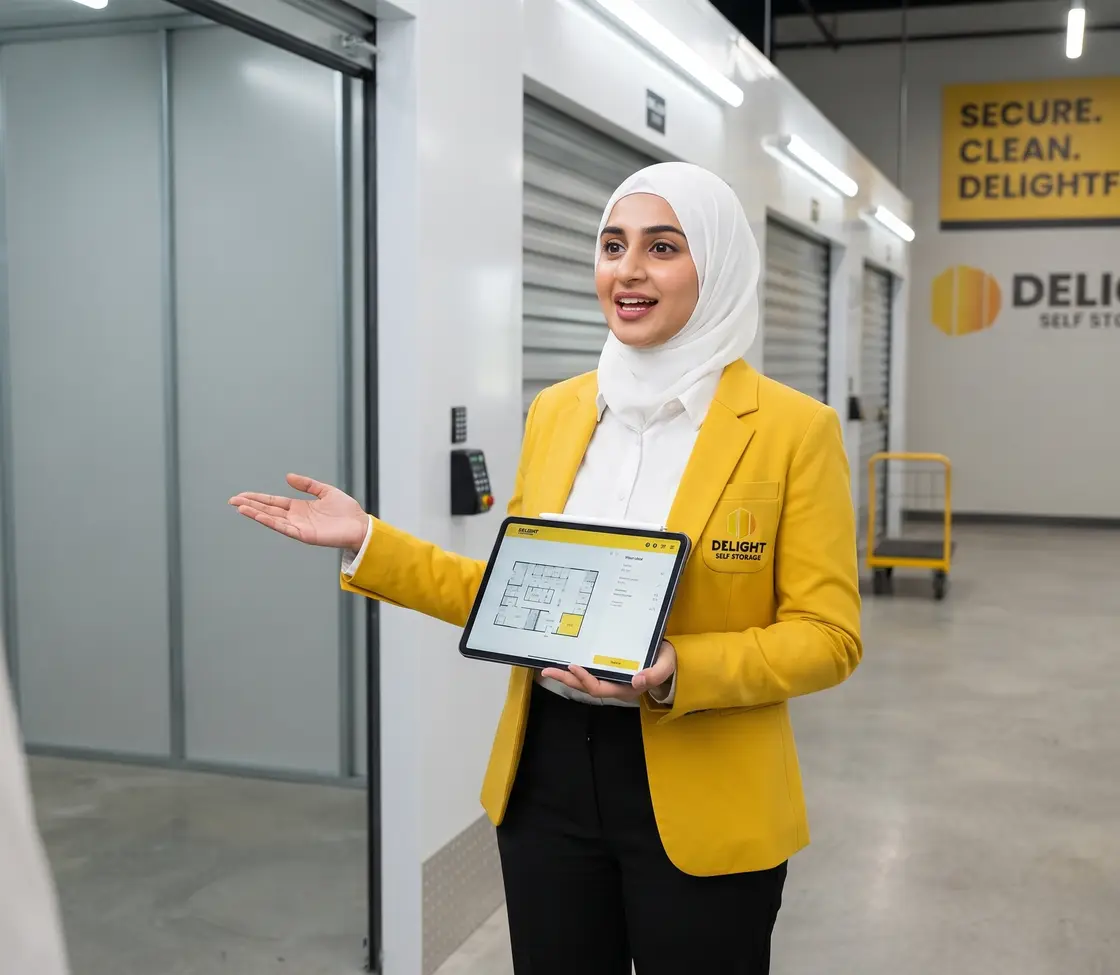 Delight Self Storage adviser explaining unit options to a customer in the UAE