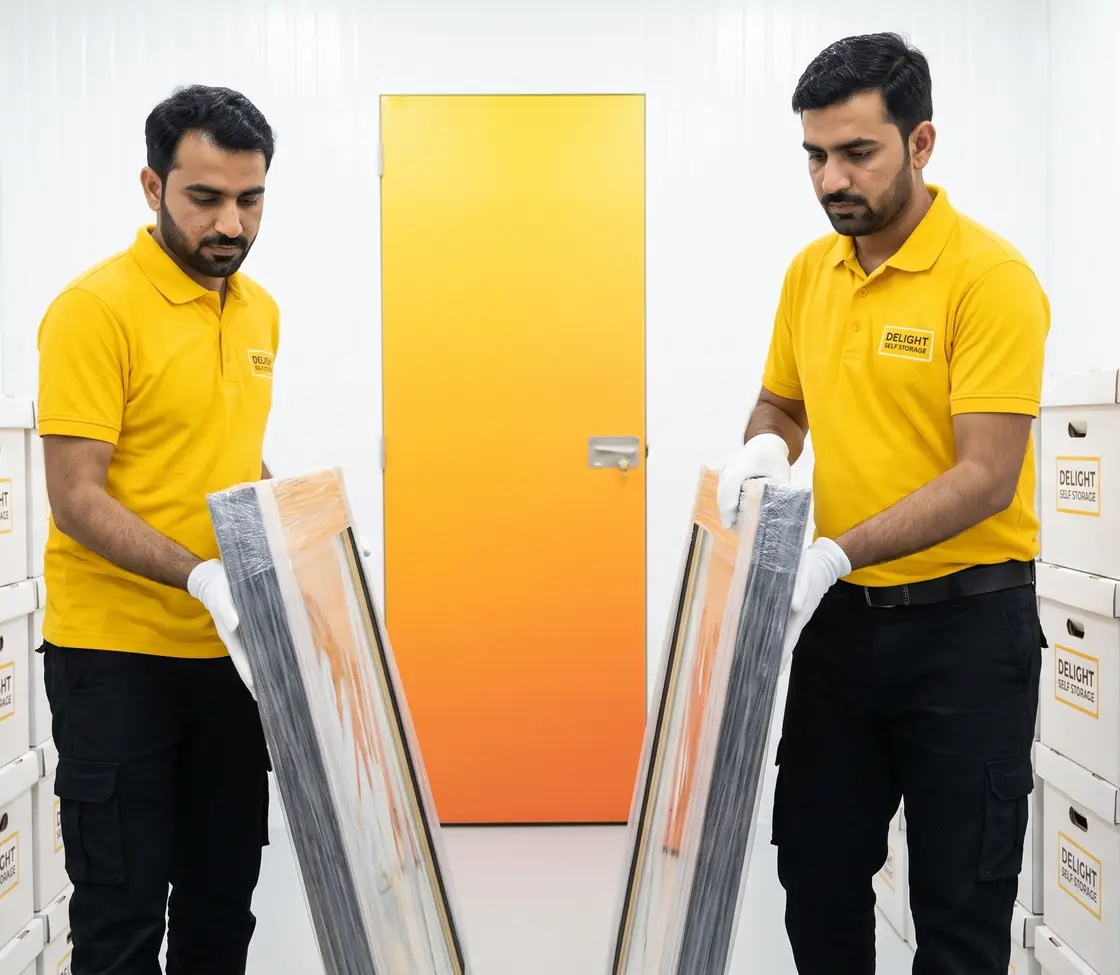 Staff member checking a storage unit at Delight Self Storage in the UAE