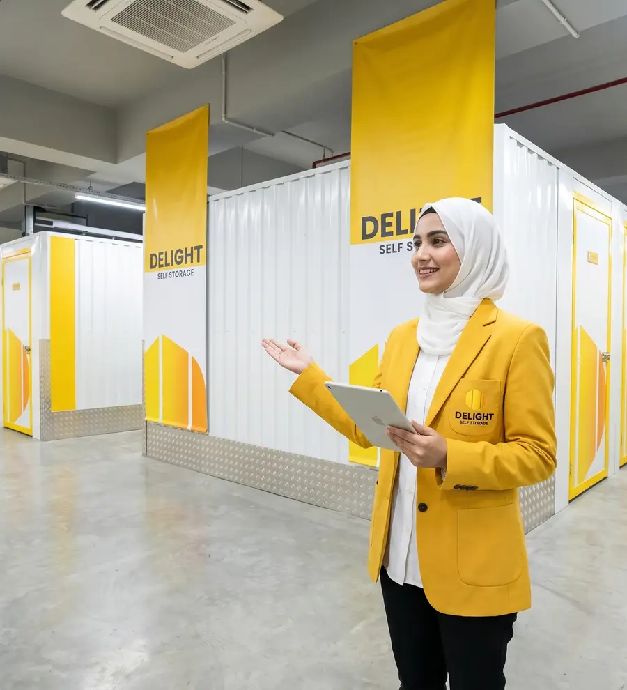 Staff member checking a storage unit at Delight Self Storage in Dubai