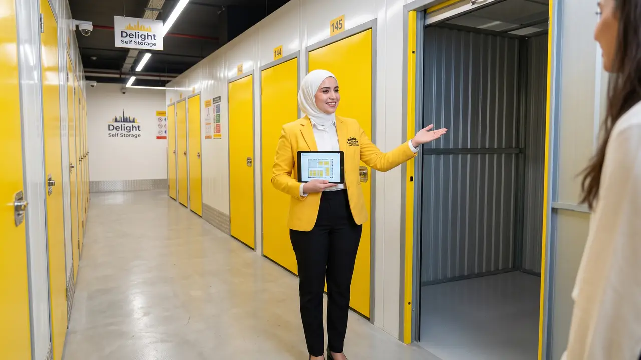 Delight Self Storage adviser explaining unit options to a customer in Sharjah