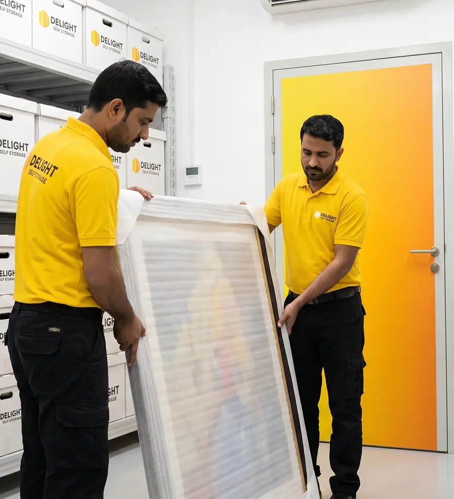Staff member checking a storage unit at Delight Self Storage in Sharjah