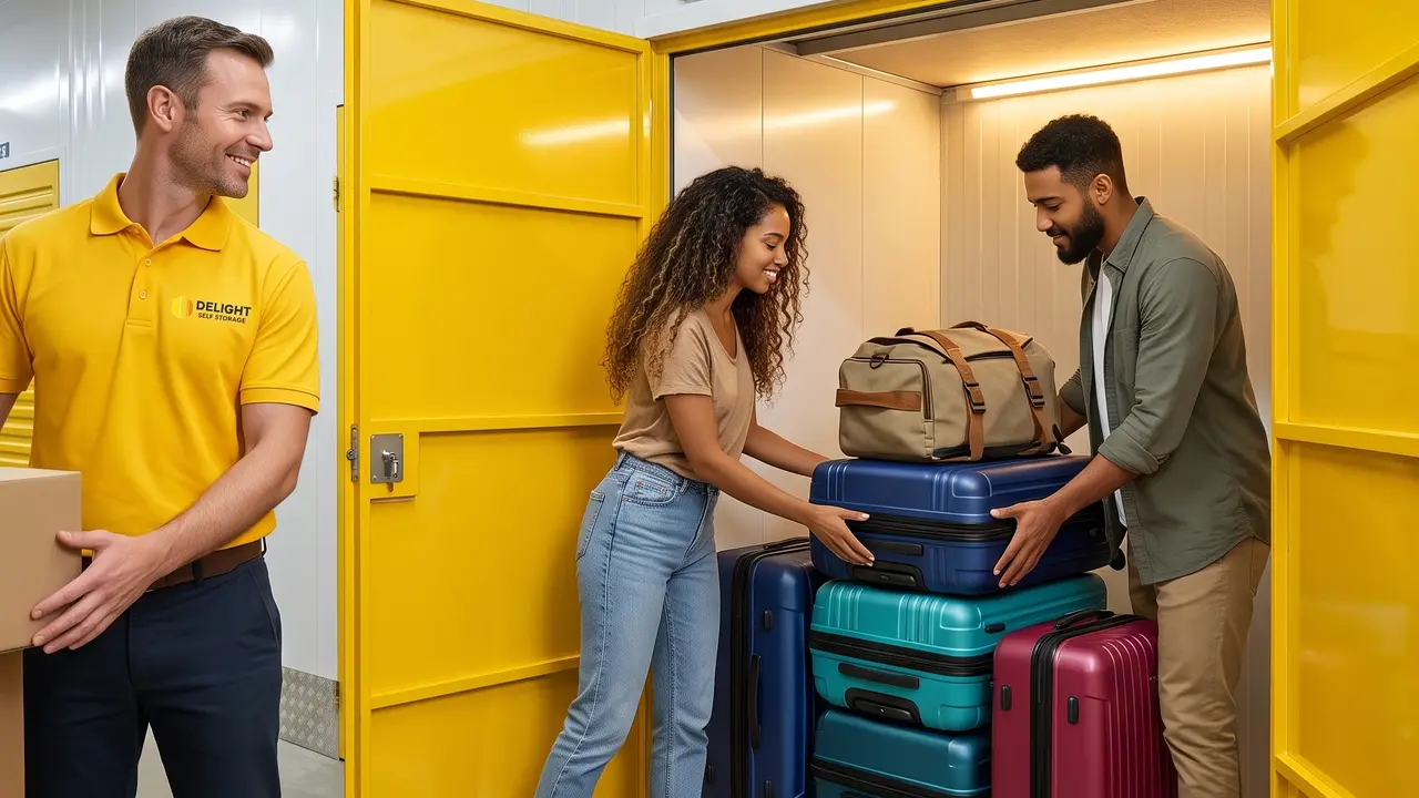 Suitcases and travel bags secured inside a storage unit in Dubai