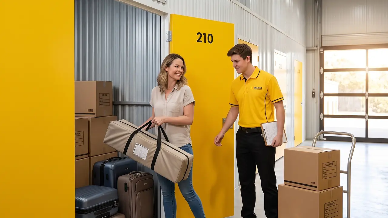 Customer collecting stored luggage from a unit in Sharjah