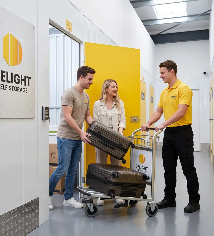 Travellers storing suitcases and bags at Delight Self Storage in Sharjah