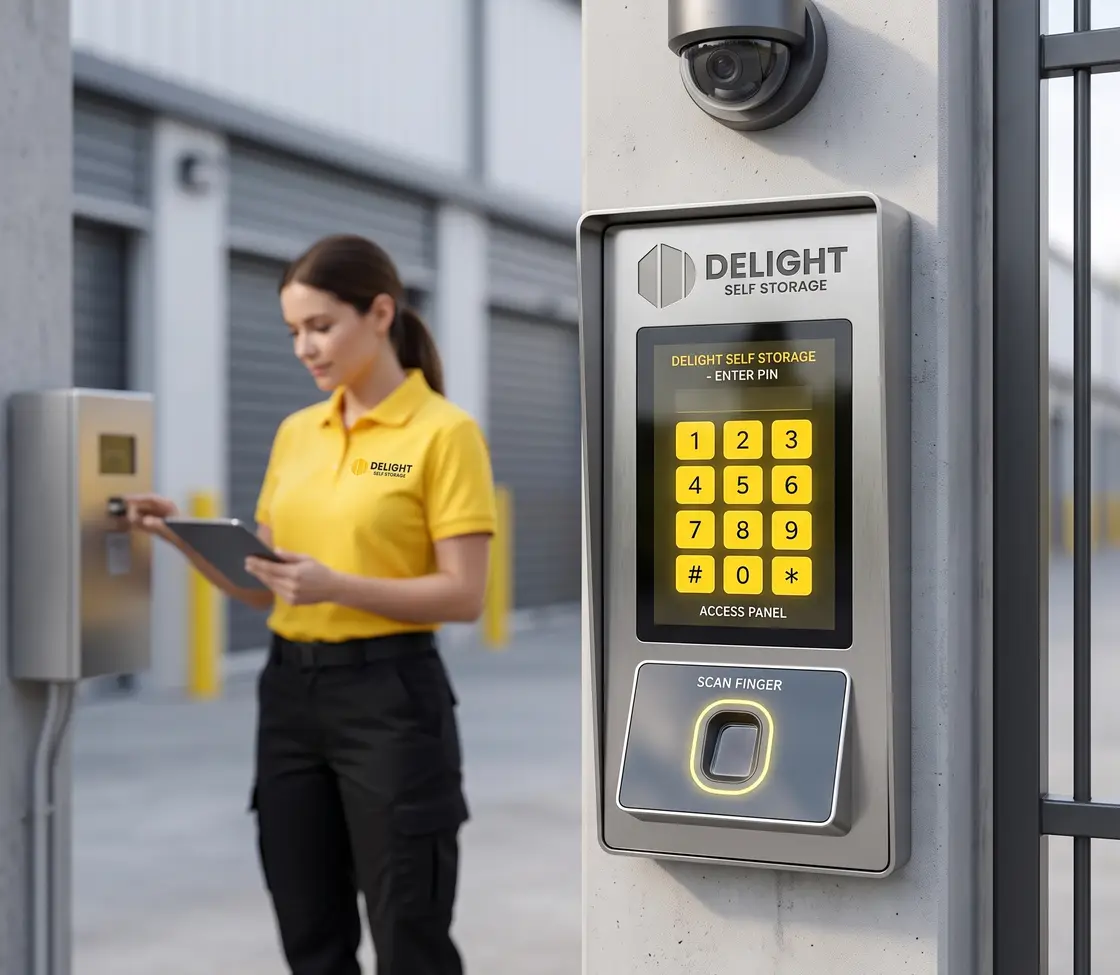Delight Self Storage building entrance with security lighting in Abu Dhabi