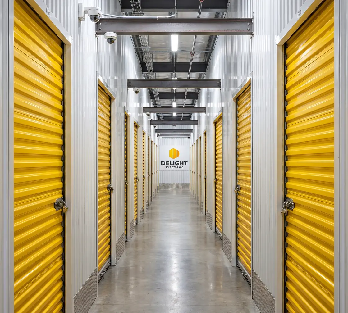 Warehouse storage aisle with pallet racking at Delight Self Storage in Dubai