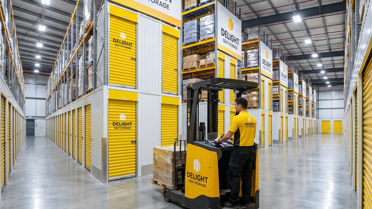 Forklift moving pallets inside the Delight Self Storage warehouse in Ajman