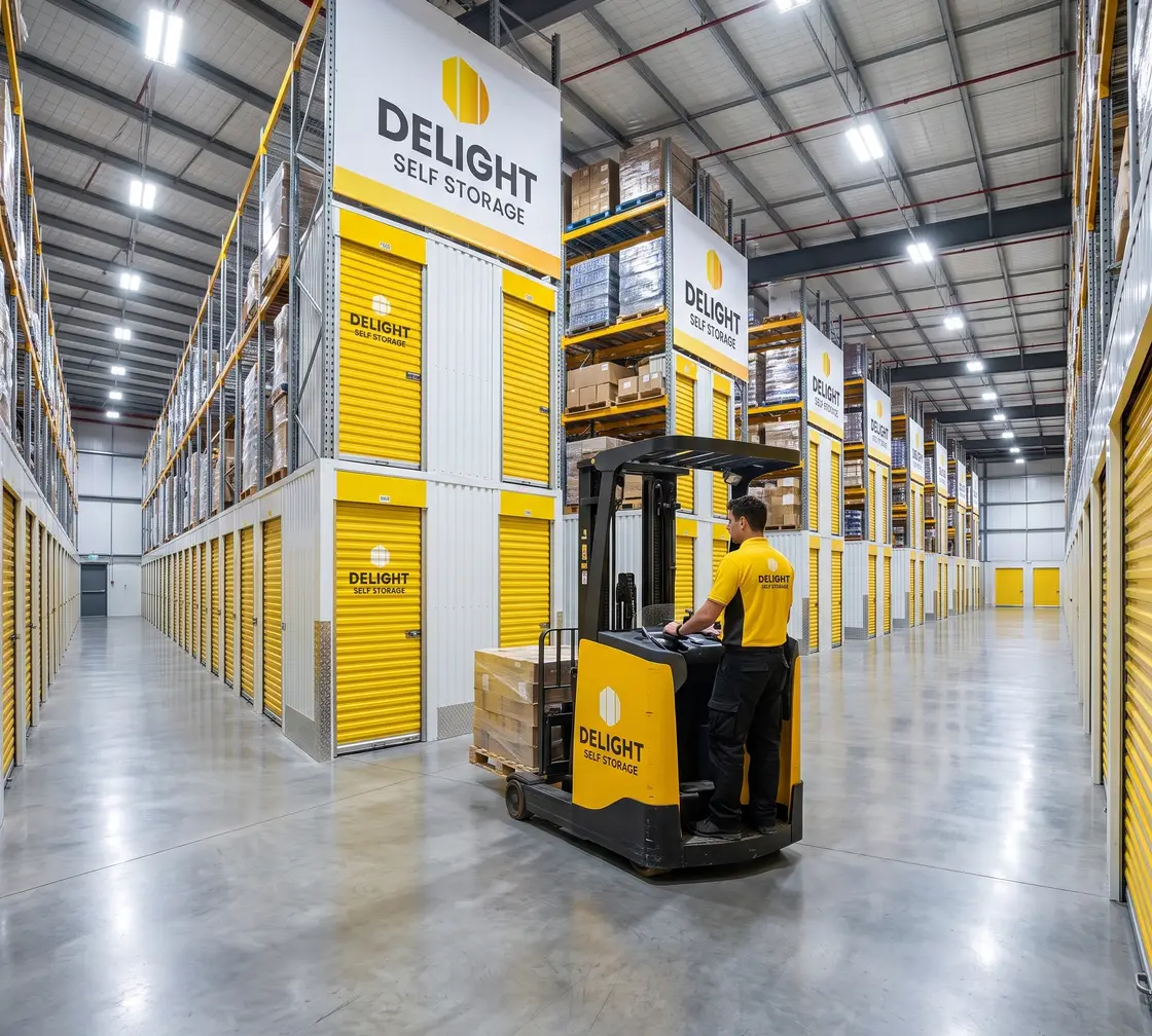 Forklift moving pallets inside the Delight Self Storage warehouse in Sharjah