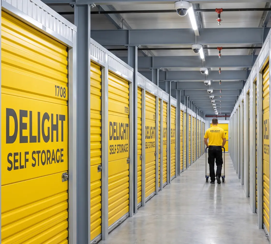Warehouse corridor with yellow storage units at Delight Self Storage in Ajman